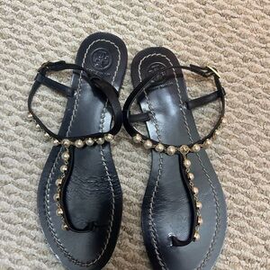 Tory Burch Black and Cream Sandals with Studded Straps